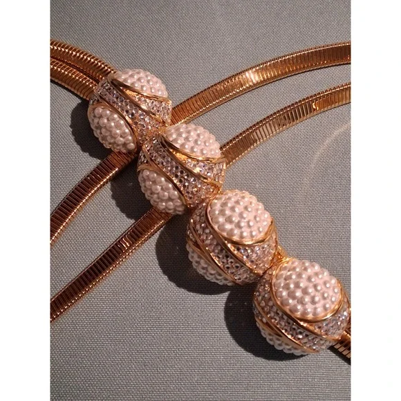 Judith Leiber Vintage Gold Double Snake Chain Belt Faux Pearl Crystal Baubles31" - Picture 4 of 8